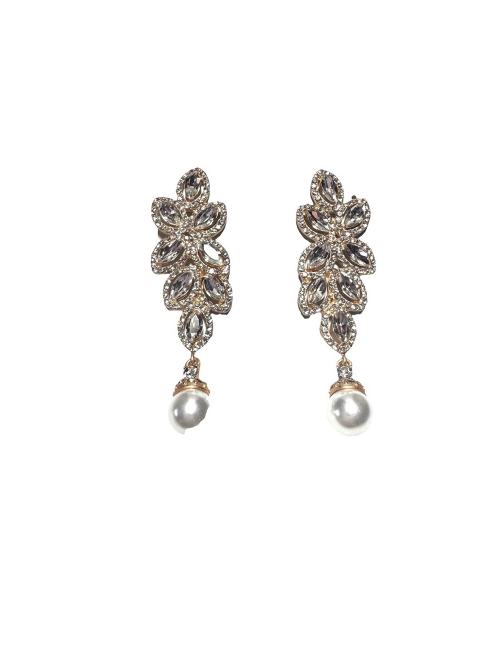 Gorgeous Gold Crystal Leaf Drop Chandelier Earrings, Pearl Dangles, NWT
